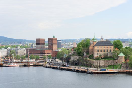 View of Oslo, Norway Radhuset (city hall) and Akershus castle from the sea