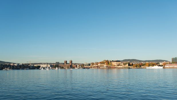 View to Oslo Radhuset (city hall) and Akershus from sea