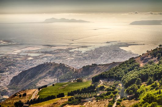 Panoramic View over the city of Trapani and Aegadian Islands from Erice, Sicily