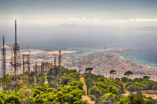 Panoramic View over the city of Trapani and Aegadian Islands from Erice, Sicily