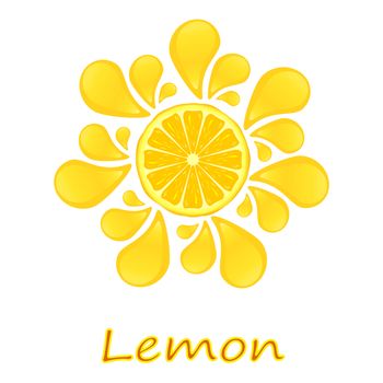 Bright illustration of lemon slice with juice drops around
