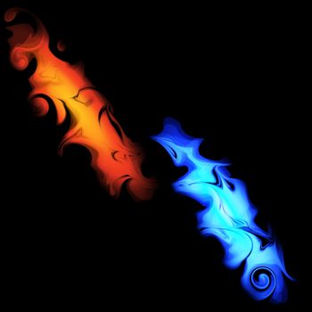 Red and blue flames on black background