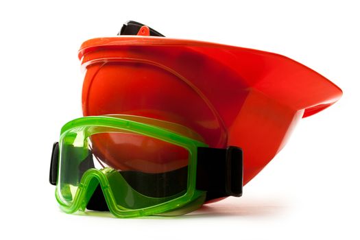 Red safety helmet with goggles