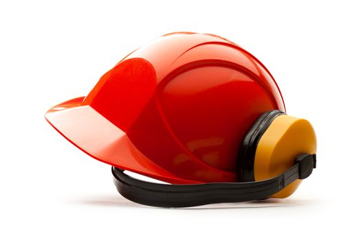 Red safety helmet with earphones 