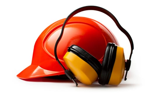 Red safety helmet with earphones