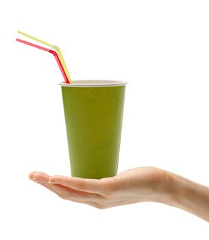 Female hand with paper cup and straws