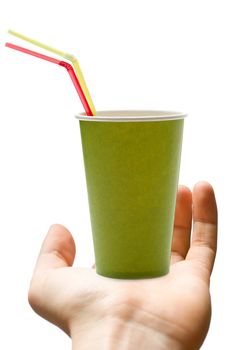 Male hand with paper cup and straws