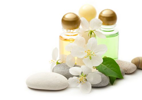 Apple tree flowers, stones and shampoo