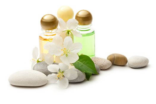 Apple tree flowers, stones and shampoo