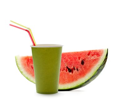 Paper cup with straws and watermelon