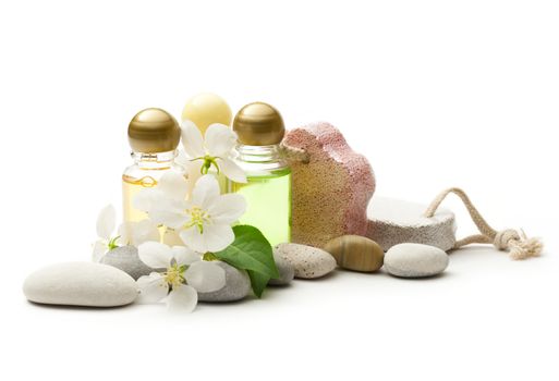 Apple tree flowers, stones and shampoo