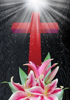 Christian cross and beautiful lily flower on black background