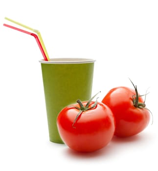 Paper cup with straws and tomatoes