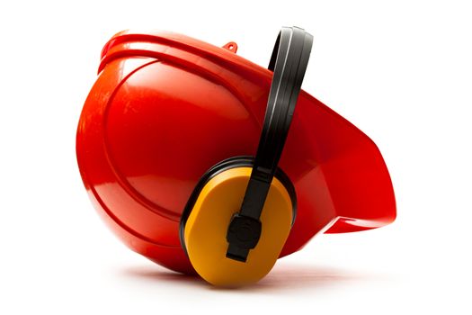 Red safety helmet with earphones 
