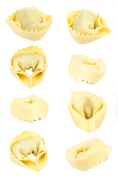 Set of eight tortellini, Italian pasta with white background
