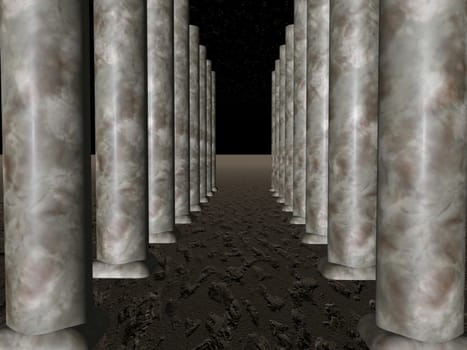 Columns extending toward infinite, sandy background, 3d render