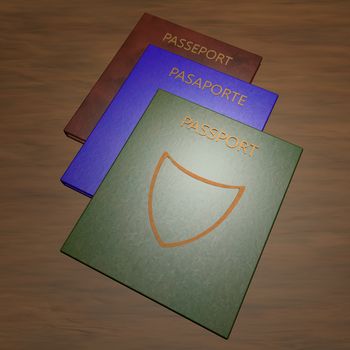 Passports over wooden table, square image, 3d render