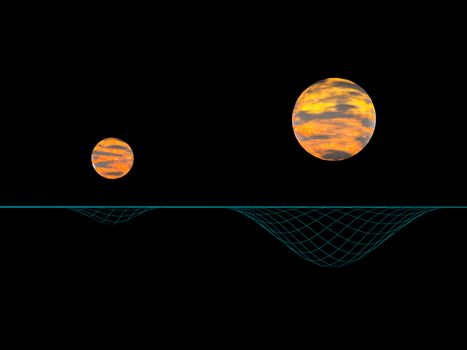 Model of two objects and their gravitation on the grid. Side view