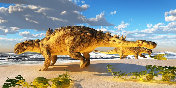 Euoplocephalus dinosaurs come down to an ocean beach to munch on melons in the Cretaceous Period.