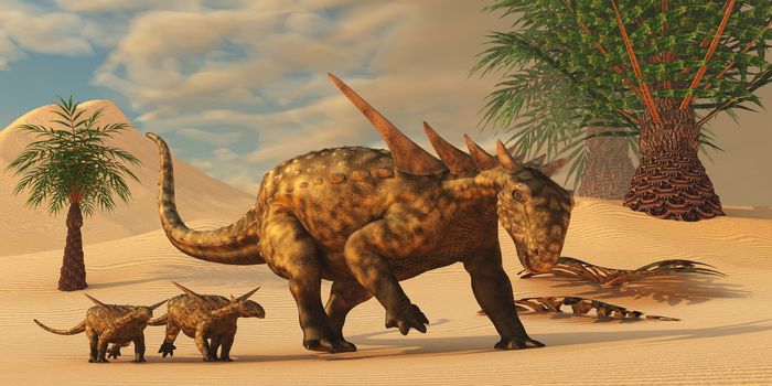 A Sauropelta mother leads her offspring in a desert area of North America in the Cretaceous Period.
