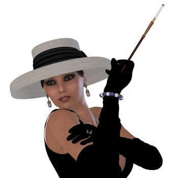 A beautiful woman in a black dress, hat and gloves in the style of old Hollywood glamour.