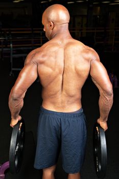 Toned and ripped lean muscle fitness man holding plate weights.