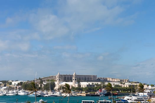 Skyline of the island of Bermuda at the Kings Wharf and Royal Naval Dockyard at the Ireland Island section.