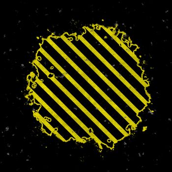 A hazard stripes background with grungy splatter textures isolated over a black background.