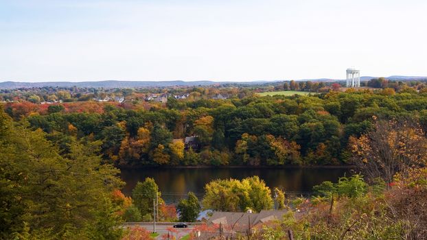New England scenery overlooking Ludlow Mass with colorful fall foliage.  