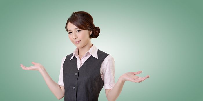 Helpless young business woman shrugs her shoulders. closeup portrait with clipping path.