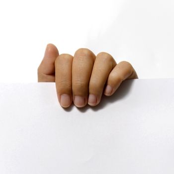 close up woman hand holding paper on white background