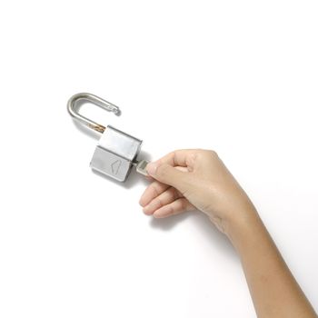 woman hand open padlock with key on a white background
