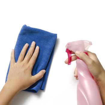 two woman hands cleaning with spray bottle and blue rag on a white background