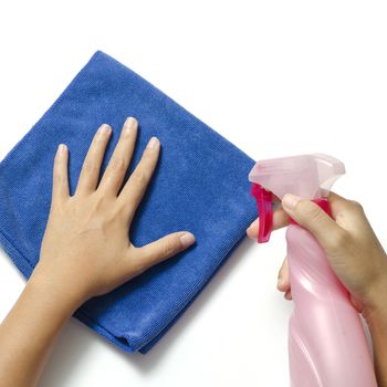 two woman hands cleaning with spray bottle and blue rag on a white background