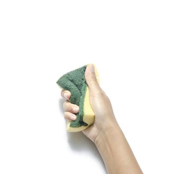 woman hand with cleaning sponge on a white background