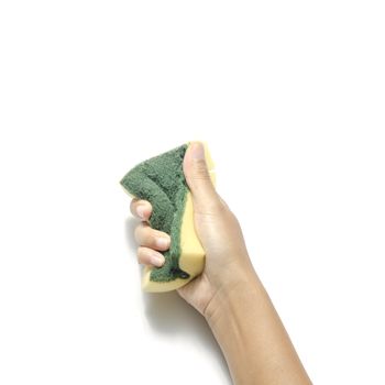 woman hand with cleaning sponge on a white background