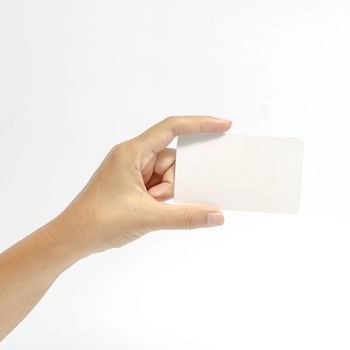 woman hand holding business card concept on a white background