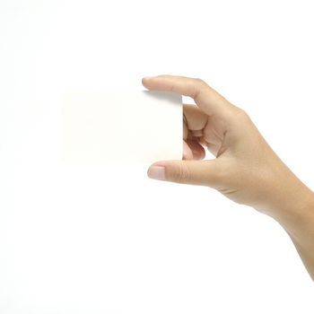woman hand holding business card concept on a white background