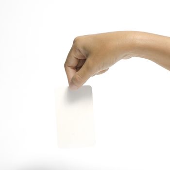 woman hand holding business card concept on a white background