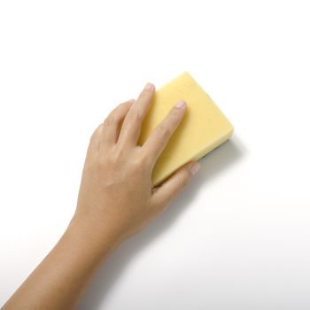 woman hand with cleaning sponge on a white background