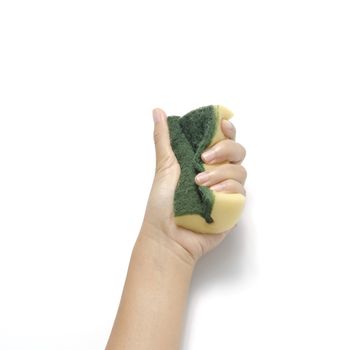 woman hand with cleaning sponge on a white background