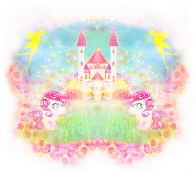 Card with a cute unicorns and magical castle