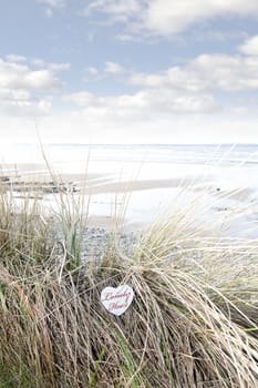 lonely blue wooden love heart in dunes on an Irish beach in summer