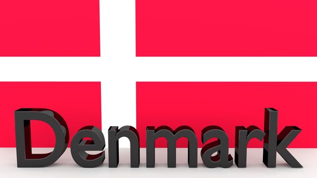 Writing Denmark made of dark metal  in front of a danish flag