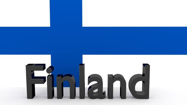 Writing Finland made of dark metal  in front of a finnish flag