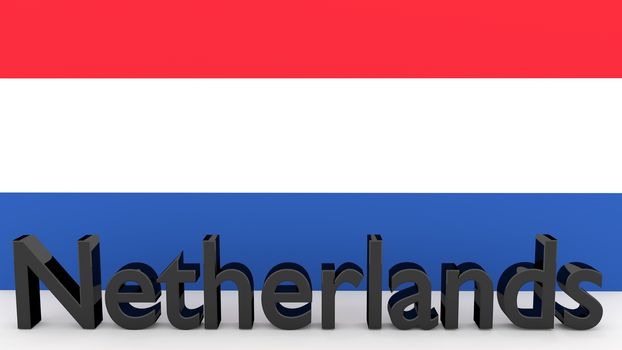 Writing Netherlands made of dark metal  in front of a dutch flag