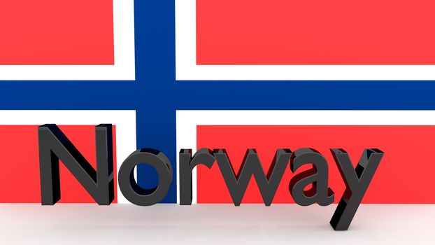 Writing Norway made of dark metal  in front of a norwegian flag