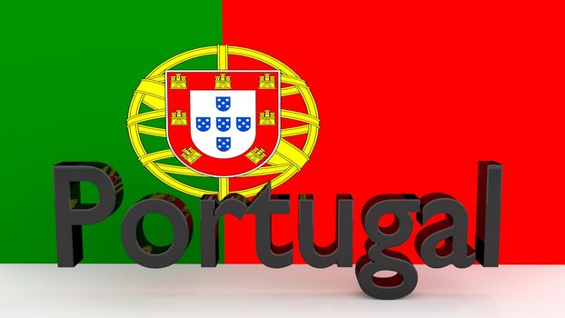 Writing Portugal made of dark metal  in front of a portugese flag