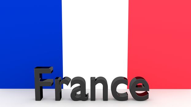 Writing France made of dark metal  in front of a french flag