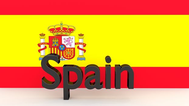 Writing Spain made of dark metal  in front of a spanish flag